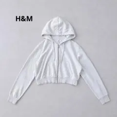 H&M ショート丈 パーカー フーディー L ライトグレー 裏起毛 ジップアップのサムネイル