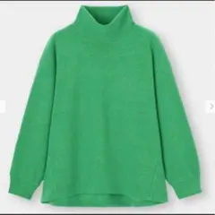 リブ編みタートルネック長袖セーター 緑
