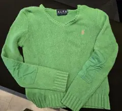 RALPH LAUREN グリーン Vネックセーター 肘当て付き