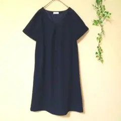 434【index】ひざ丈ワンピース　ネイビー　紺　半袖　シンプル　無地（Ｍ）