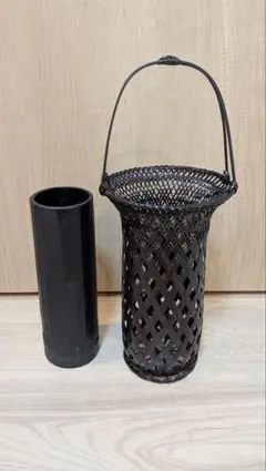 花籠　天目朝顔寸胴　花かご　美品　茶道　華道　フラワーベース　竹籠　花瓶