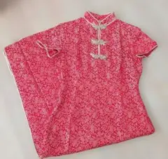 シルク100% チャイナドレス　ロング 赤 ゴールド 刺繍　総刺繍