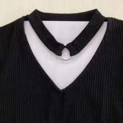 one way チョーカー付き カットソー 黒 リブ編み 長袖 Vネック