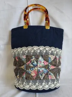 ハンドメイド　パッチワーク　トートバッグ　レース　巾着袋
