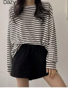 Dazy ボーダー 長袖 Tシャツ カットソー　白黒　オーバーサイズ　SHIENのサムネイル
