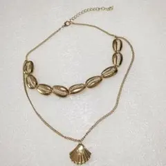 【美品】ゴールド2連ネックレス貝殻モチーフ夏映えアクセサリー上品可憐