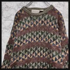 幾何学模様　マルチカラー　セーター　ニット リブ袖　くすみカラー　緑黄青赤茶