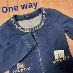 One way デニム パール ビジュー付き 丸襟 ジャンパー