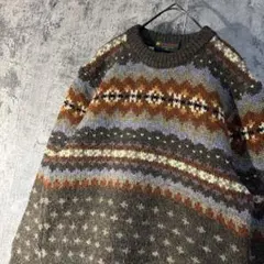 【フェアアイル柄 ニット セーター】カーキ系 Mサイズ 日本製 ヴィンテージ