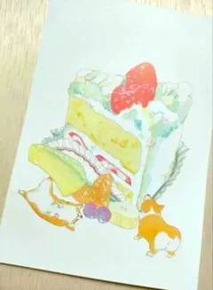 【原画アレンジ　手仕事】コーギー 苺ショートケーキ　ヘソ天コーギーのサムネイル