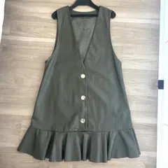 ZARA フェイクレザー　カーキ　ワンピースベスト　M