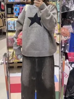 値下げ‼️グレー 星柄 ニットセーター 長袖