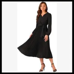 エレガントなプリーツスウィングドレス Vネック 長袖 フォーマル ワークドレス