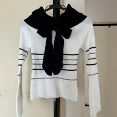 ストライプリボン付き長袖ニット　S