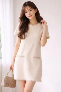 ZARA Trafaluc ツイード風ワンピース Sサイズ アイボリー フリンジ