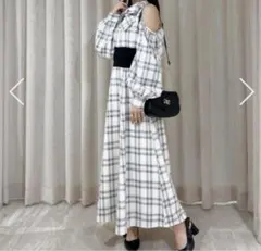 【新品】evelyn チェックオフショルダーOP エブリン　長袖　ボウタイリボン