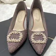 パープル ピンク レース模様 パンプス ヒール 結婚式 ホテル
