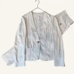 グリーンレーベルリラクシング セットアップ ノーカラー リネン混 洗える