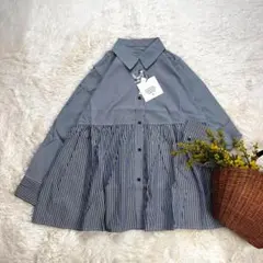 新品 切り替えシャツ ブラウス チュニック ストライプ ネイビー M