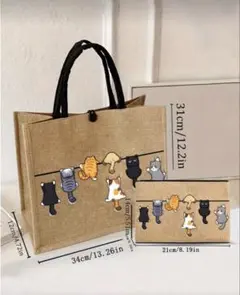 猫柄 ジュートバッグ トートバッグ ポーチセット ベージュ