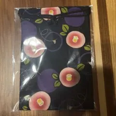 和柄 巾着袋 椿柄 黒地