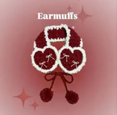 ❣️ラスト❣️編み物　ハート型イヤーマフ　ハンドメイド　耳当て 赤と白　リボン