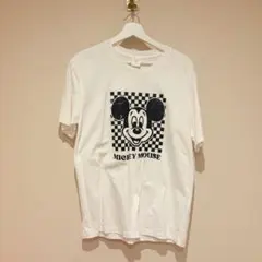 MICKEY MOUSE チェッカーフラッグ Tシャツ ホワイト L