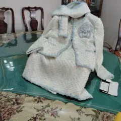 水色と白のツイードジャケットとスカーフセット