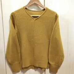 Vネックセーター　Vネックニット　パフスリーブ　マスタード　M