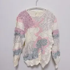 抽象模様 長袖 ニットセーター 白 ピンク ボーダー Mサイズ Lサイズ