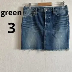 美品 グリーン green L相当 3 ユーズド加工 デニムミニスカート 台形