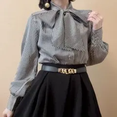 ストライプ柄 ボウタイリボン ブラウス 昭和レトロ ヴィンテージ 日本製 白 黒