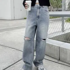 【4月末で処分】グレー ダメージ加工 ストレートデニム