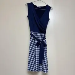 【美品】EGERIE ネイビー チェック ノースリーブワンピース armoire