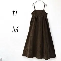 ティ ギンガムチェックキャミワンピース M ブラウン フレア ロング 日本製