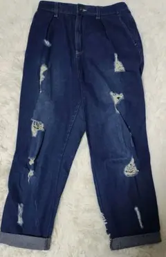 ダメージ加工ダークブルーデニムパンツ　ゴムウエスト　L