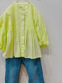 ネオンイエロー 長袖シャツ ピンタックデザイン　コーエン