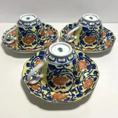 九谷焼 幸楽窯 黄地染付唐草 カップ＆ソーサー 3客セット