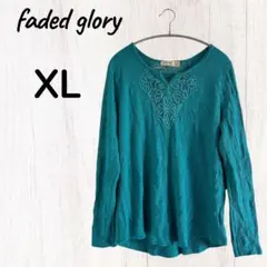 faded glory レース装飾 Vネック XL グリーン 長袖 トップス