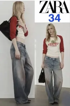 ZARA TRF ミッドライズ折り返しウエストデニムパンツ 34