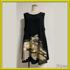 着物リメイク　ワンピース　正絹　春　夏　秋　和服　黒　金　松　梅　笹　菊　袖なし