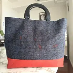 〈セール品〉大島紬リメイク 持ち手ウッド 軽量バッグ No.53