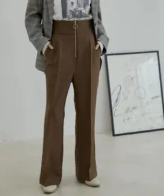 VIS ハイウエストファスナーフレアパンツ ブラウン