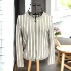 【美品】BRAHMINノーカラー ストライプ ニットブルゾン ベージュ 38 M