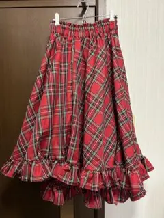 レッド系チェック フリル付きロングスカート
