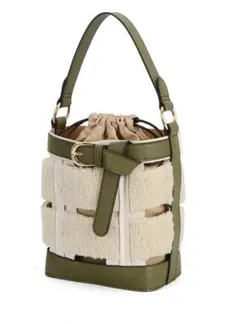 【新品】フェイクファー　異素材2WAY　バケットバッグ　オリーブ系