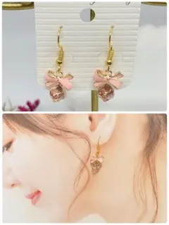 ハンドメイドピアス❤️クリスタルピンクリボンギフトピアス❤️ピンク　小ぶりピアス