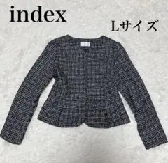 index インデックス ツイード ノーカラー ジャケット ネイビー ラメ　Ｌ