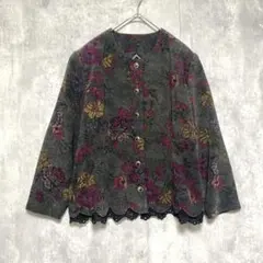 希少　花柄カジュアル　ジャケット　レトロ　古着 ゴールドボタン　レース