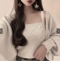 ボリュームスリーブカーディガンXケーブル編みキャミソールニットアンサンブル